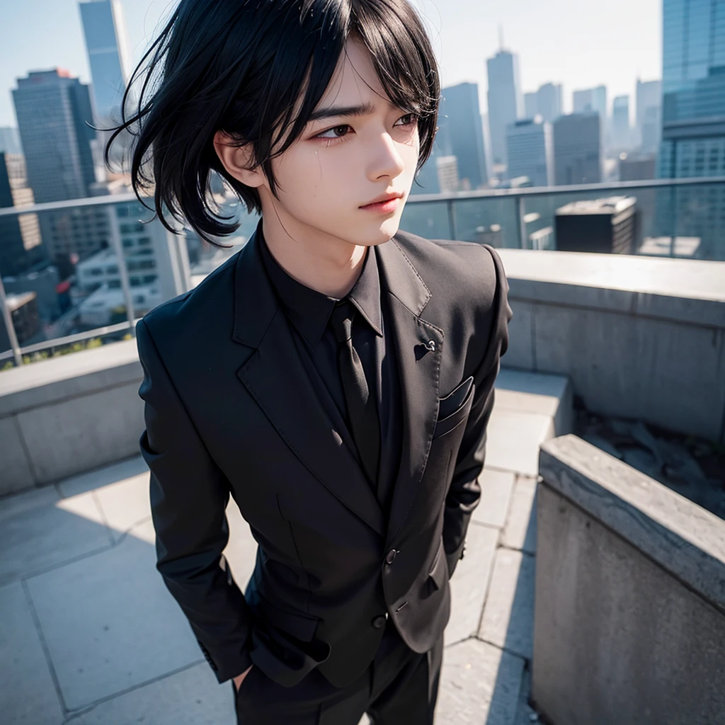 1boy, black hair, blindfolded, wearing all black suits, on top of a building, crying, high res, ultrasharp, 8k, masterpiece, looking at viewer from behind