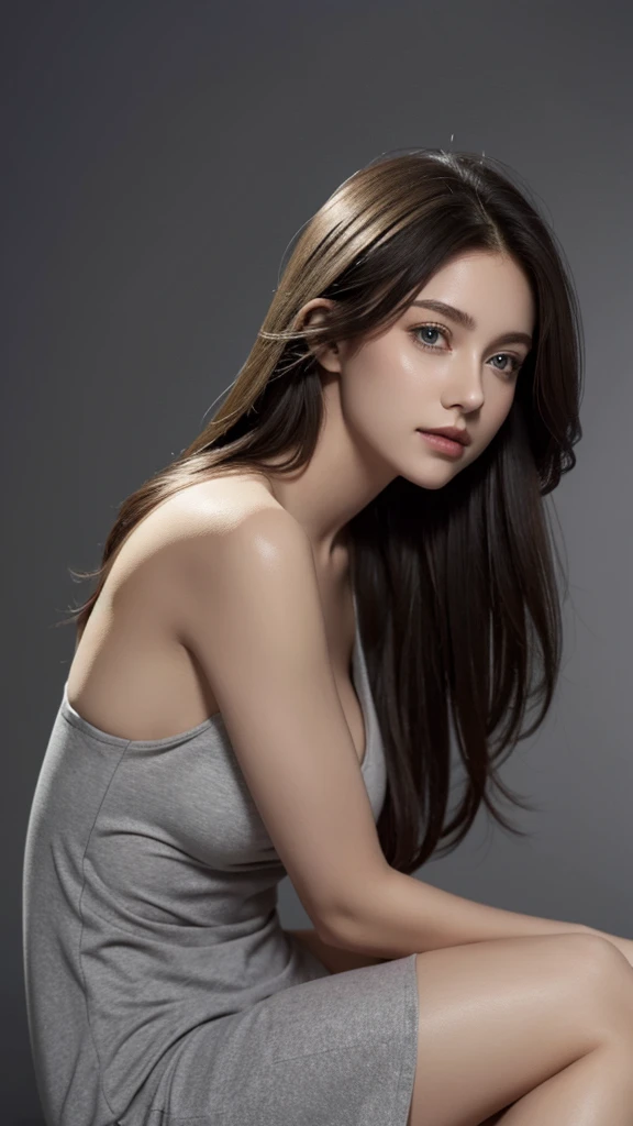 Minimalist transparant dress:1.2, Looking at Viewer, Cinematic lighting, Perfect, softlight, High resolution skin:1.2, waist up pose , damp, curvy slim body, Realistic skin texture, 23 years old young sensual woman, no-makeup、, off shoulders,Bust B Cup、 Exposed cleavage, long layered dark blonde hair、damp 、Gray background、pose 1.4 to camera