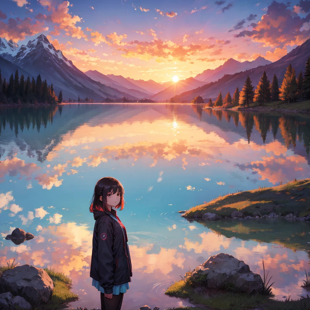 far shot of a girl standing by a lake, surrounded by mountains and a beautiful sunset with many colors