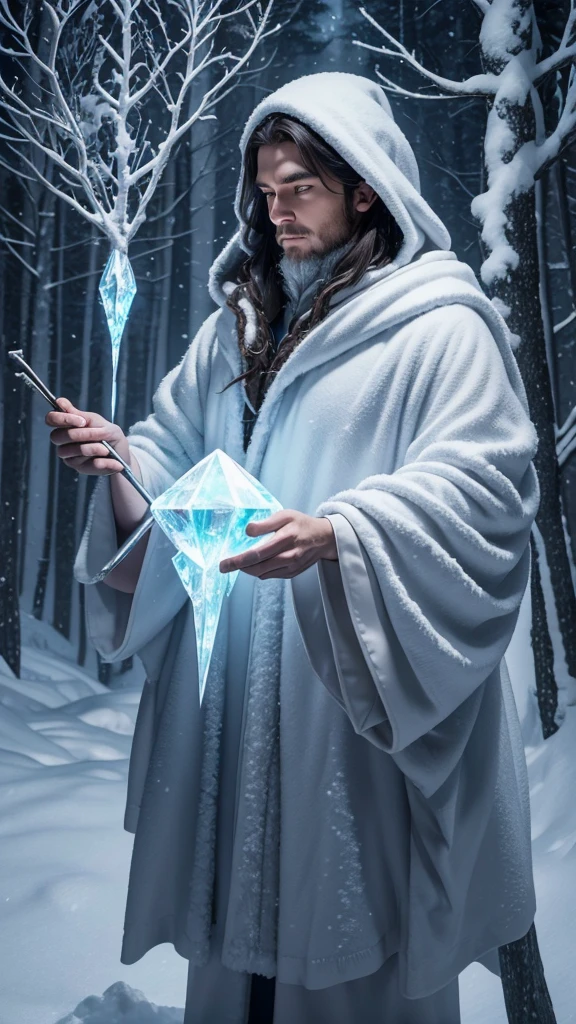 The wizard of winter is casting a spell in a quiet forest covered with snow. His robe is made of snow crystals, and he has an ice staff in his hand. 8K , hd, highly detailed, realistic, photography, photo realism, --ar 9:16 --v 6.0 --s 750
