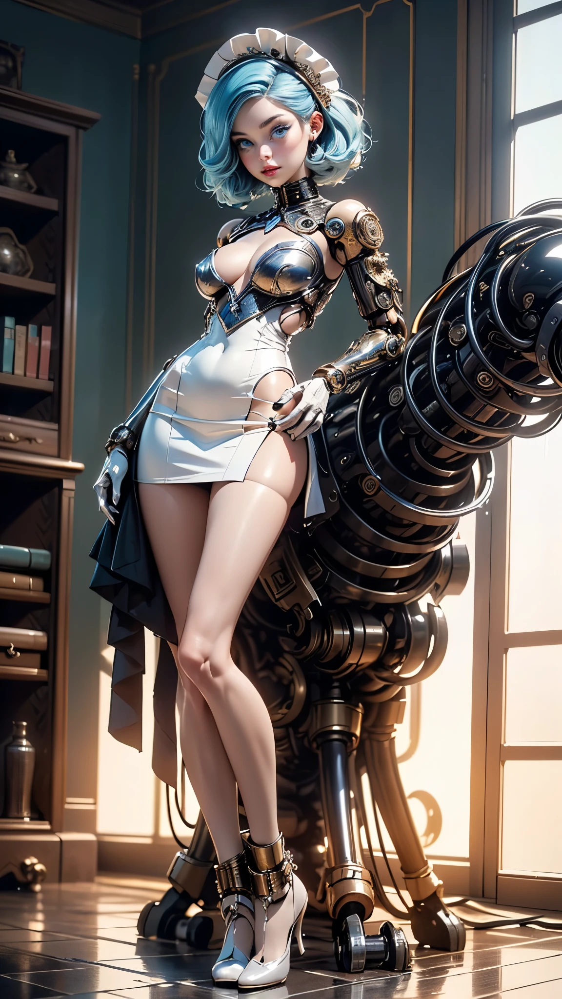 (cyborg girl),(cyborg girl:1.5),maid android,((1girl)),((mechanical robot girl with extremely cute and beautiful pale blue hair)),

(large breasts:1.4),saggy breasts,(((pale blue bob hair:1.35,colored inner hair,short hair,ear breathing))),(((doll))),((pale white skin,doll joints:1.5,mechanical hands:1.5)),((silver armored dress,tesla coils)),((maid mechanical doll:1.5,body of a machine:1.5,metallic skin,ball joint,cyborg:1.5, robotic parts:1.5,robot:1.5,mechanical joints: 1.4,mechanical limbs)),(((pale_blue_eyes:1.3))),intricate eyes,beautiful detailed eyes,symmetrical eyes,((fat)),(((lustrous skin:1.5,bright skin: 1.5,shiny skin,very shiny skin,shiny body,plastic glitter skin,exaggerated shiny skin,illuminated skin,wet legs))),(spider lower abdomen,narrow waist,wide hip,detailed body,(detailed face)),

cute,slutty,seductive,erotic,((nsfw)),

(maid headdress),bare_shoulders,delicate metal decorations,Headdress,(maid),sleeveless,miniskirt,boots,cleavage_cutout,bare_legs,((wet clothes,intricate outfit,intricate clothes,intricate details)),

(dynamic pose:1.0),embarrassed,(centered,scale to fit dimensions,Rule of thirds),

inside,indoor,((cozy steampunk room)),scenery:1.25,((intricate scenery)),((steampunk decorations)),

(Glossy steampunk ornaments),highres,sharp focus,(ultra detailed,extremely detailed),(photorealistic artwork:1.37),(extremely detailed CG unity 8k wallpaper),(((vibrant colors,vibrant theme))),(intricate),(masterpiece),(best quality),artistic photography,(photography taken by sldr),(intricate background),perfect rendered face,perfect face details,realistic face,photo realistic,((intricate detail)),(((realism))),