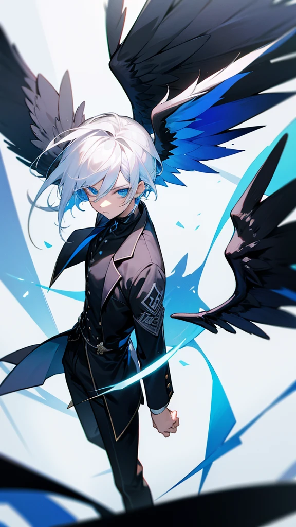 Male character white hair and blue eyes and black and blue wings and black clothes