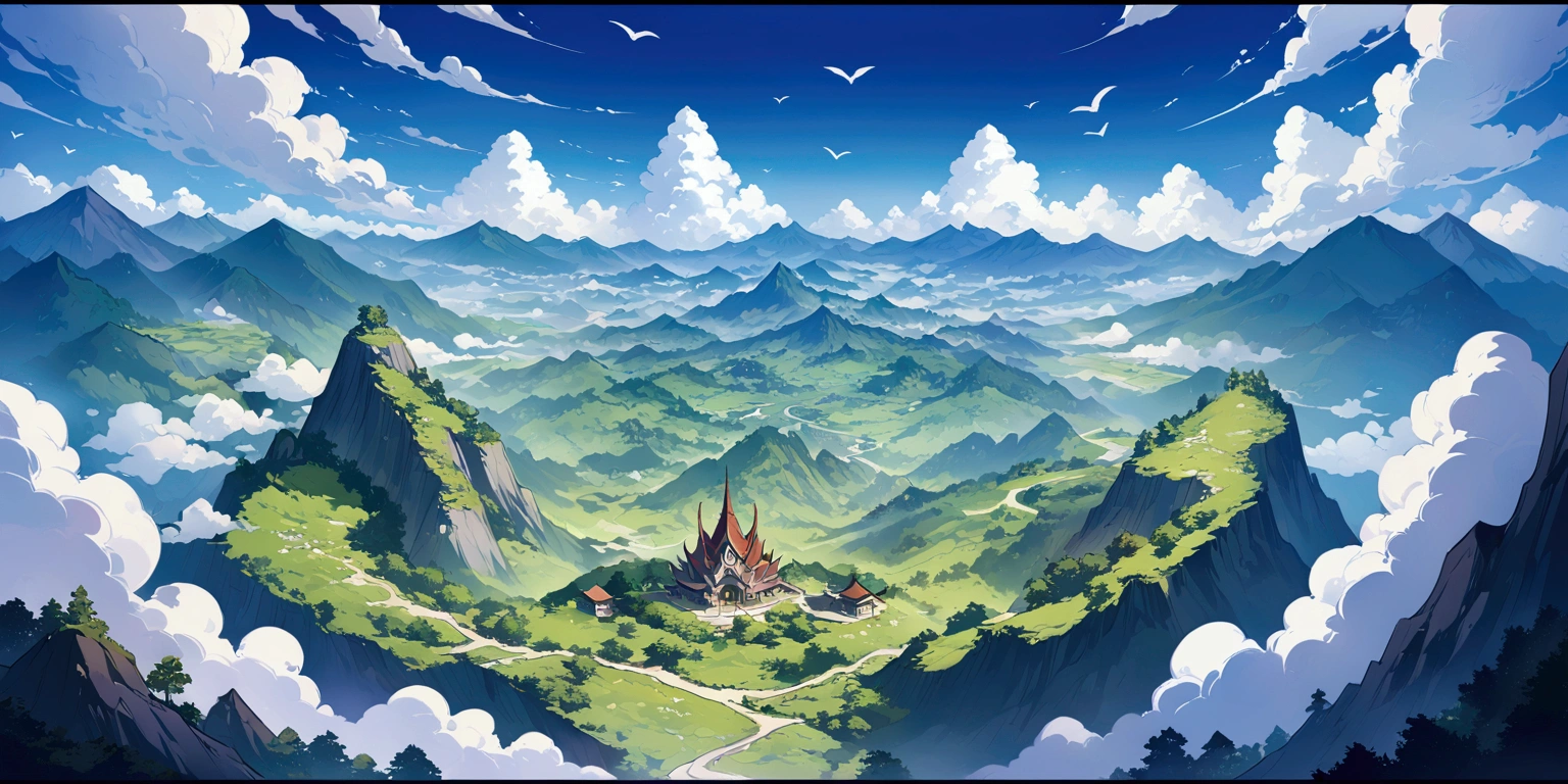 valley，There are endless mountains of various shapes and sizes.，Very spectacular，valley中还有瀑布和树林，There are birds in the sky，Dragons entrench themselves on top of the mountain。Bird's eye view composition，Panorama pictures，Scene screen，Game concept art style，Anime illustration style，HD，4K。