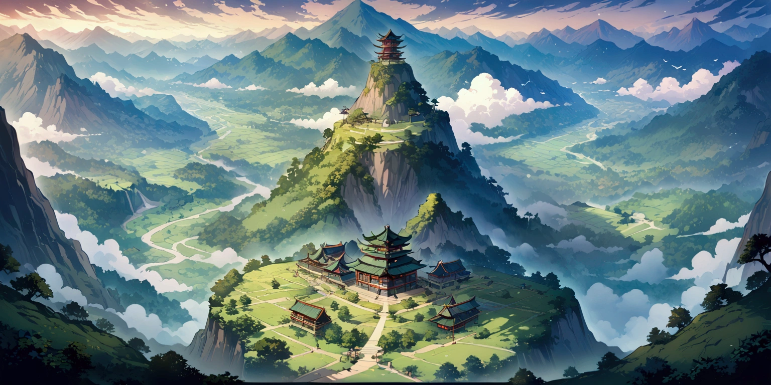 valley，There are endless mountains of various shapes and sizes.，Very spectacular，valley中还有瀑布和树林，There are birds in the sky，Dragons entrench themselves on top of the mountain。Bird's eye view composition，Panorama pictures，Scene screen，Game concept art style，Anime illustration style，HD，4K。