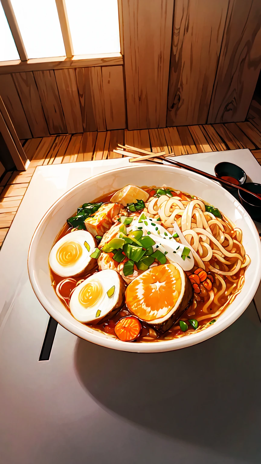 4K, high quality, Girl eating ramen, perspective