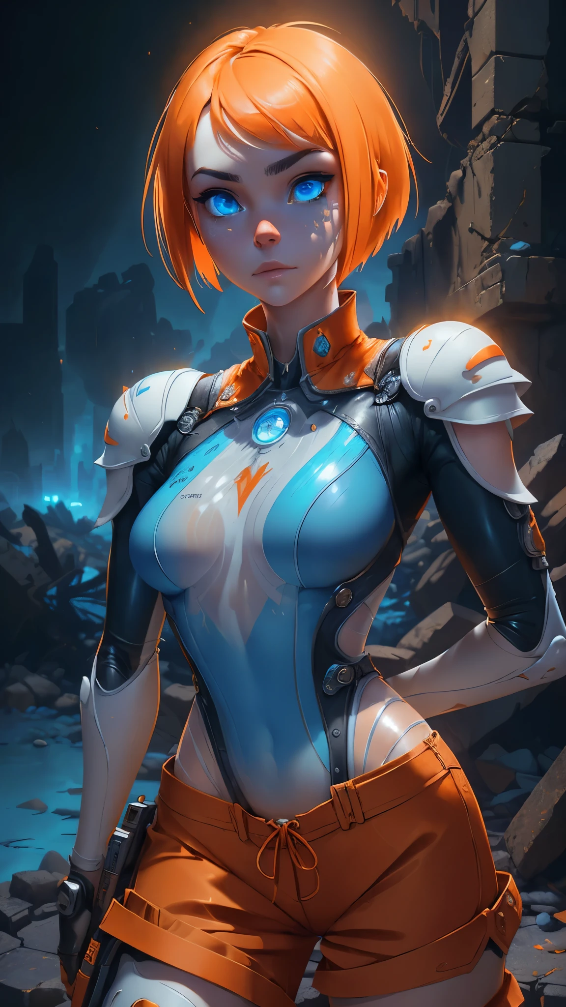 (The best quality,A high resolution,Ultra - detailed,actual),LEELOO with tattoos and orange shorts posing in front of a spaceship, (LEELOO outfit:1.4) , (LEELOO:V2.1) , madison beer as LEELOO, (Ilya Kuvshinov:1.4) . 4 k, cute cyborg girl,( alena aenami and android jones) , (BodySuit white transparent :1.4), alena aenami and artgerm, ultra realistic concept art, Amouranth, beautiful digital artwork,( orange shorts :1.4), epic fantasy art style hd, 4K fantasy art, epic fantasy digital art style, epic fantasy art style, Fantasy Woman, epic fantasy art portrait, Epic fantasy style, hyperrealistic fantasy art, hd fantasy art, epic fantasy character art, epic fantasy art, in style of dark fantasy art, epic fantasy digital art, ,(Ruined dungeon ruins background:1.4 ), (detailed perfect anatomy :V2.1),( cinematic lighting :1.4),( face detailed :1.4),( cowboy pose :1.4), (Beautiful blue eyes :1.4),( background tokyo destroy :1.4)