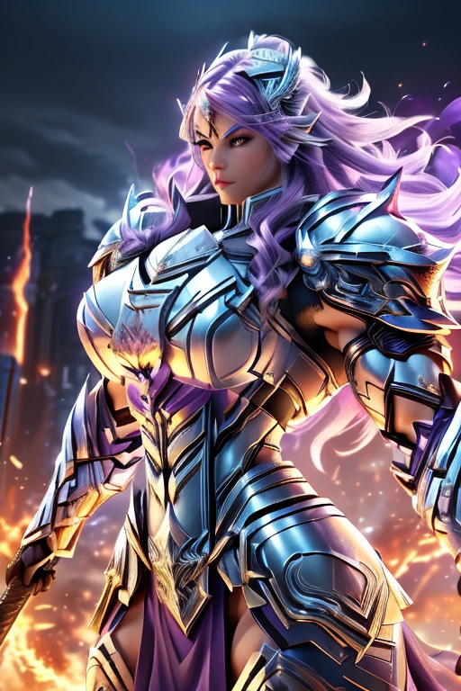 (((Massive, tall, beautiful, buff, muscular, pale white skinned asian female Valkyrie with violet purple hair, ginormous bulky muscles, holding a fire sword and wearing an all violet gleaming Valkyrie armor and pleated skirt))), ((close-up)), black eyeliner, massive muscles, massive biceps, hyper muscle triceps, (long hair with long bangs), black eyes, valkyrie boots, In heaven, steel Valkyrie armor, armor breastplate, nighttime, confident smile, (hyper muscles arms), hyper muscle legs, (ginormous arms)