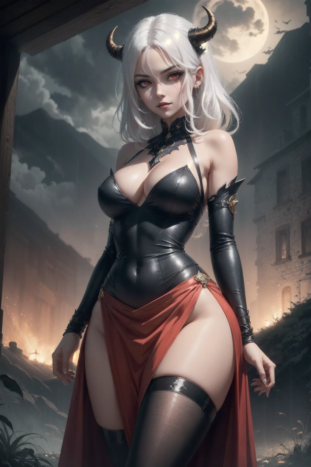 (outside, forest, raining, evening, soft light, dim lit, moody vibe, horror \(theme\), ), (insanely detailed, beautiful detailed face, masterpiece, best quality), 1girl, demon girl, mature female, (white hair), grin, smirk, demon horns, black tail, black demon wings, curvy, (4k), (ultrasharp), vibrant background, beautiful hair, navel, wide hips, thin waist , big thighs, nighttime, bright half moon, mountains, big castle, gold and red dress, red eyes