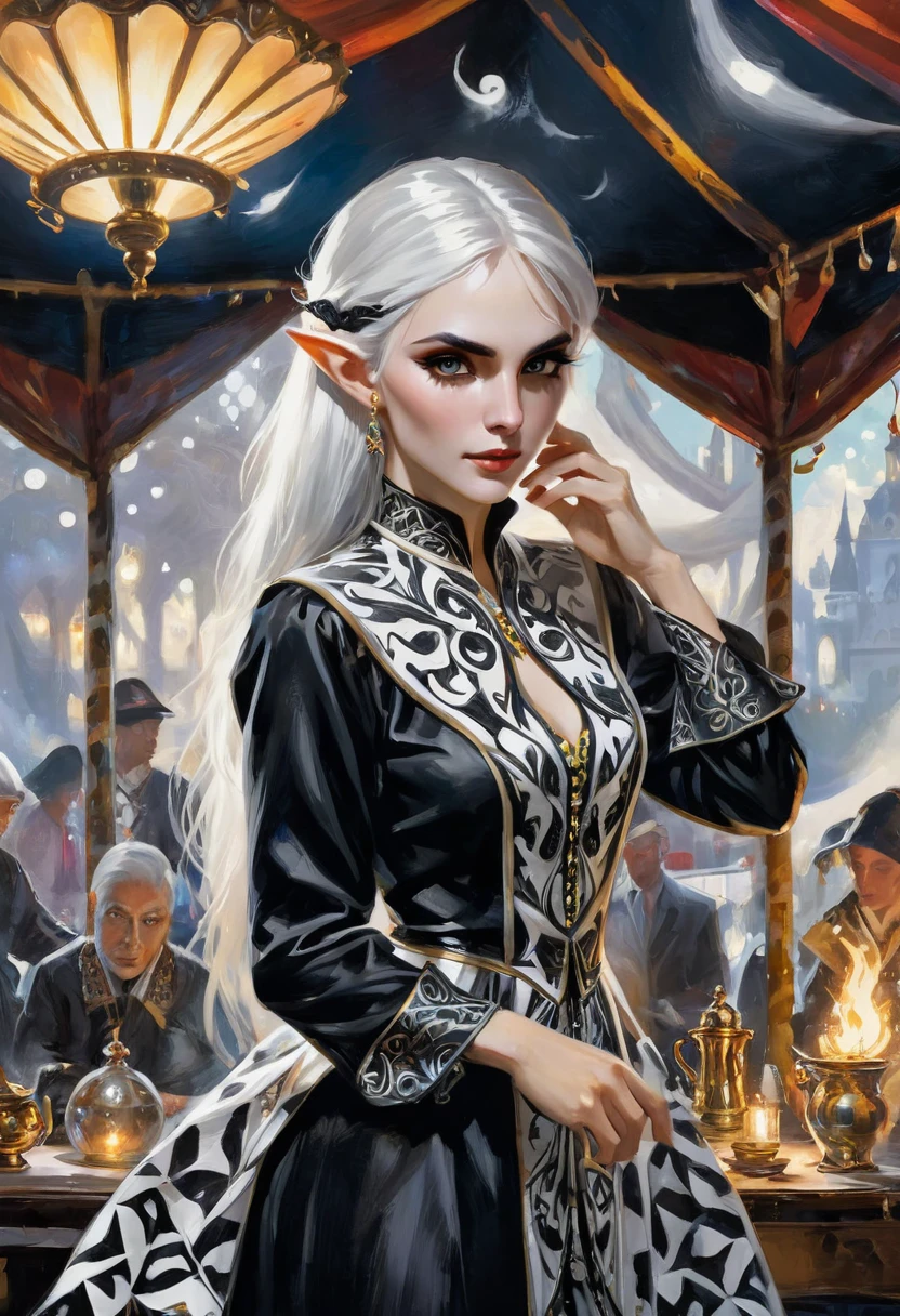 1 magician woman using his magic powers, expressive black eyes, elf ear, white hair, black patterned clothes dress, , american plan portrait , in fortune teller tent with a mystical atmosphere in background, detail richness, masterpiece, best quality