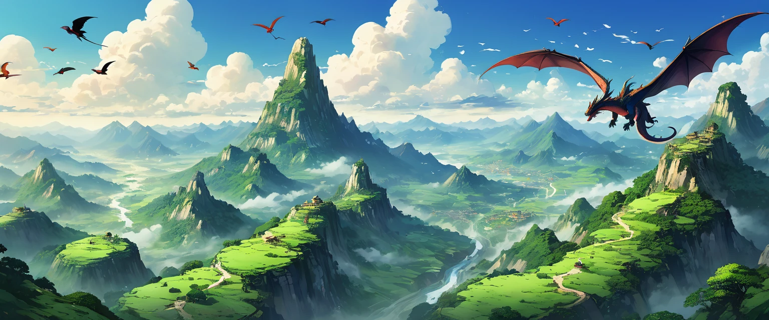 valley，There are endless mountains of various shapes and sizes.，Very spectacular，valley中还有瀑布和树林，There are birds in the sky，Dragons entrench themselves on top of the mountain。Bird's eye view composition，Panorama pictures，Scene screen，Game concept art style，Anime illustration style，HD，4K。