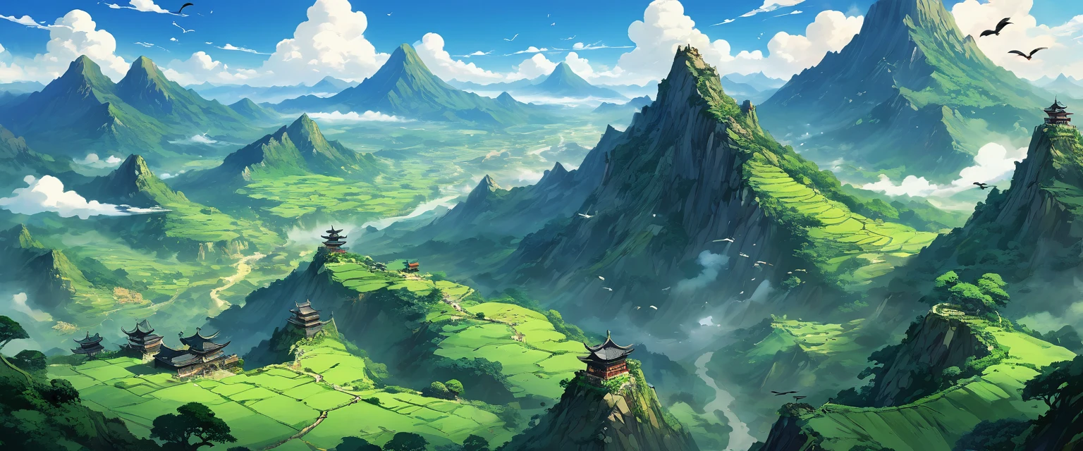 valley，There are endless mountains of various shapes and sizes.，Very spectacular，valley中还有瀑布和树林，There are birds in the sky，Dragons entrench themselves on top of the mountain。Bird's eye view composition，Panorama pictures，Scene screen，Game concept art style，Anime illustration style，HD，4K。