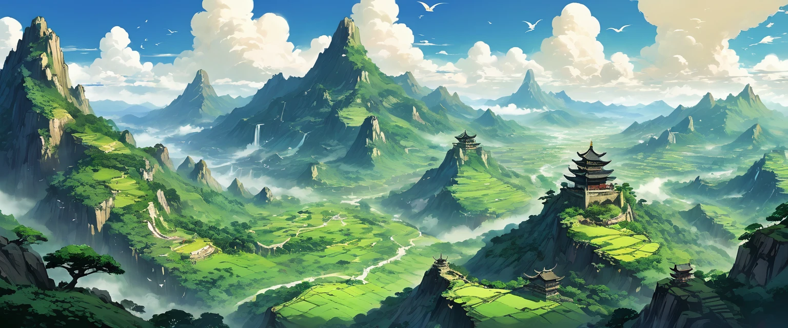 valley,There are endless mountains of various shapes and sizes.,Very spectacular,valley中还有瀑布和树林,There are birds in the sky,Dragons entrench themselves on top of the mountain。Bird's eye view composition,Panorama pictures,Scene screen,Game concept art style,Anime illustration style,HD,4K。