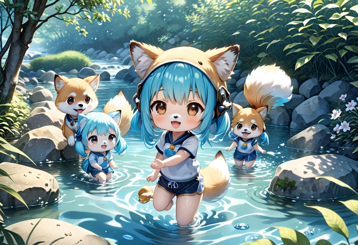 Highest quality、High resolution、Detailed Background、(Beautiful face in every detail:1.4)Normal number of fingers、Detailed facial expressions、(Detailed eyes:1.2)、Light blue long hair、Twin-tailed Chibi Character、Braided twin tails、cute仕草をする、Innocent joy、Feel the nature、A cool day to swim in the river、The Shiba Inu looks like he's having fun too、Bright riverside in the forest(photograph)
(Two little characters enjoying a cool dip in the river:1.5)、
Under the scorching summer sun、I can hear the river babbling、Everybody starts running、The Shiba Inu also starts running.、
Take off your shoes and dip your feet in the water and smile..、Enjoy a relaxing moment in the cool water、
Children collecting stones, Throw into water, Splashing and cheering.、浮き輪に乗って流れを感じ大はしゃぎする姿がcute、
Eating lunch in the shade of a tree helps relieve fatigue.、Enjoy the pleasant breeze and nature、Let's make fun memories.、Everyone is smiling、It was a day of swimming in the river that was both physically and mentally fulfilling..、
Rash guard、Shorts、Sandals、Sun Cap、Short sleeve T-shirt、Shorts、sneakers、rucksack、cute