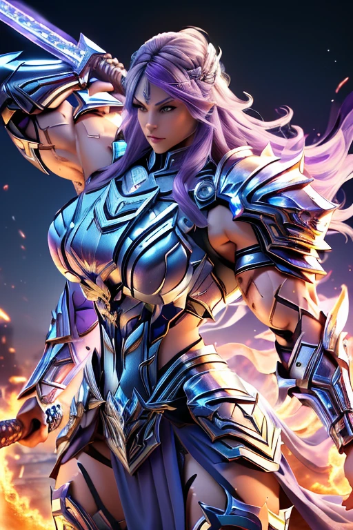 (((Massive, tall, beautiful, buff, muscular, pale white skinned asian female Valkyrie with violet purple hair, ginormous bulky muscles, holding a fire sword and wearing an all violet gleaming Valkyrie armor and pleated skirt))), ((close-up)), black eyeliner, massive muscles, massive biceps, hyper muscle triceps, (long hair with long bangs), black eyes, valkyrie boots, In heaven, steel Valkyrie armor, armor breastplate, nighttime, confident smile, (hyper muscles arms), hyper muscle legs, (ginormous arms)