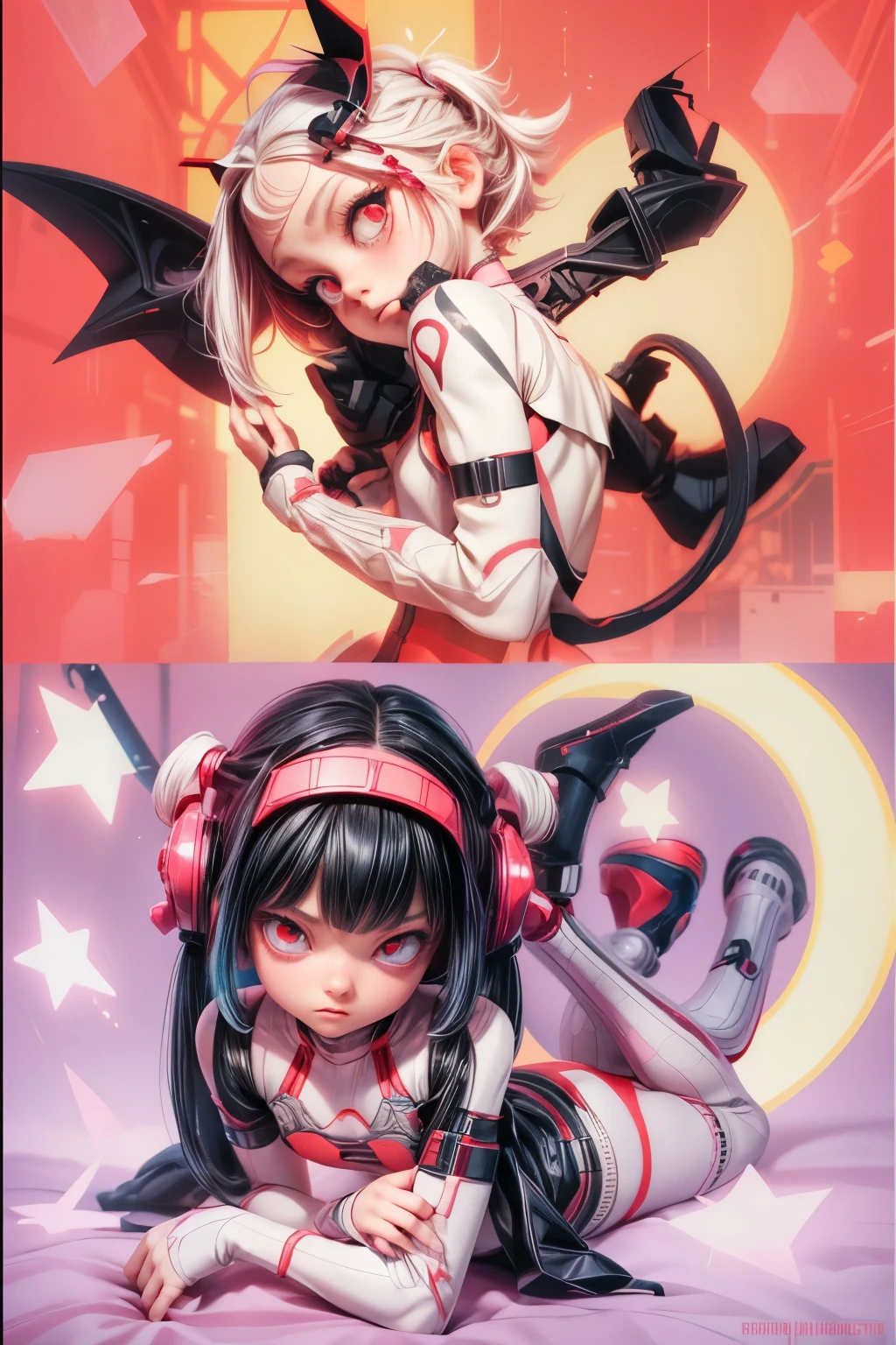 appearence a girl,red eyes,albino,calm,quiet,cute,pretty,full body,looking ahead,short hair combed back,red outfit,black short,pigtail,spider verse suit,serious look,cyberpunk background