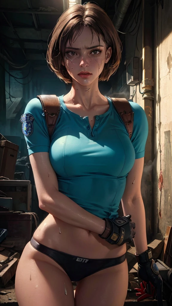 ((((masterpiece, best quality, high resolution)))), Extremely detailed 8K, 1 female, (Jill Valentine from Resident Evil) wearing a futuristic police gear, (Ultra HD, Ultra-detailed, Highly detailed, Highly realistic, Ultra-realistic, photograph realistic), (1girl:1.5), (Realistic short brown hair), (dynamic poses), facing at camera, looking at viewer, (a serious focus face), (regular black eyes, sharp eyes), (perky breasts:1.2), (beautiful detailed face, beautiful detailed eyes), ((slightly sweating)), (post-apocalyptic world background), sweat, glow, (sunbeam, sunlight), ((cowboy shot)), seductive, EnvyBetterHands LoCon,