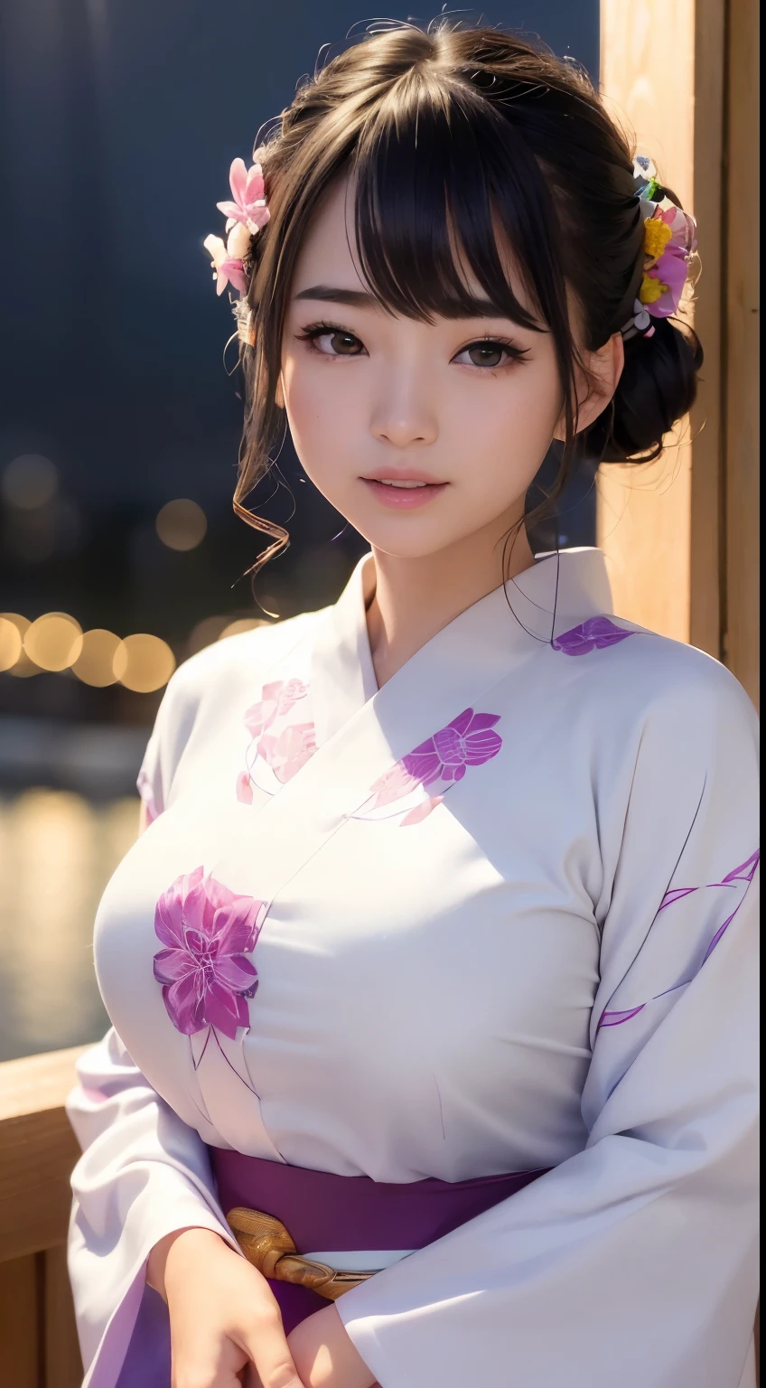 (logo、masterpiece、8k、Tabletop、RAW Photos、wonderful、最high quality、フォトリアリスティックでVery detailedな CG 複合 8k 壁紙、high quality、Very detailed、Narrative poem、Particle Effects、Dynamic Effects、Depth of the Boundary、Cinematic Light、Lens flare、Ray Tracing）、 (One beautiful woman wearing a yukata、White yukata、Light purple pattern)、Black-haired、High definition skin、Very fine、Fine skin texture、Beautiful Face、True Face、Beautiful details in the eyes、Realistic eyes、Beautifully detailed eyes、Realistic Skin、Beautiful Skin、Surreal、Smiling Eyes、Hair and light eyes、vivid、Colorful lights and bokeh、plump lower lip、Pink Lips、Hair flutters in Wind、Hair bounces、wonderful景色、night、evening、Wind、moonlight、moonlight、light
