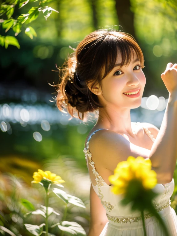 (masterpiece, best quality), outstanding details, ultra-high resolution,
anatomically correct, wide shot, atmospheric perspective,
A beautiful woman walking along a stream in the forest, A lovely Japanese woman, 30 years old,
cowboy shot, (holding a sunflower, reaching out),
(chubby),
Happy smile, Mouth slightly open, looking at viewer,
round face, tareme, Downturned Eyes, pupils sparkling, small cute nose, thin lips, thin eyebrows,
brown hair, low ponytail, short hair, swept bangs,
(wearing A white elegant slip dress made of a transparent smooth material),
(background: Serene riverside with blossoming wildflowers at the forest)
depth of field, backlighting, morning sunlight, cinematic lighting, Reflected light from below, reflection light, dreamy atmosphere, animated expression,