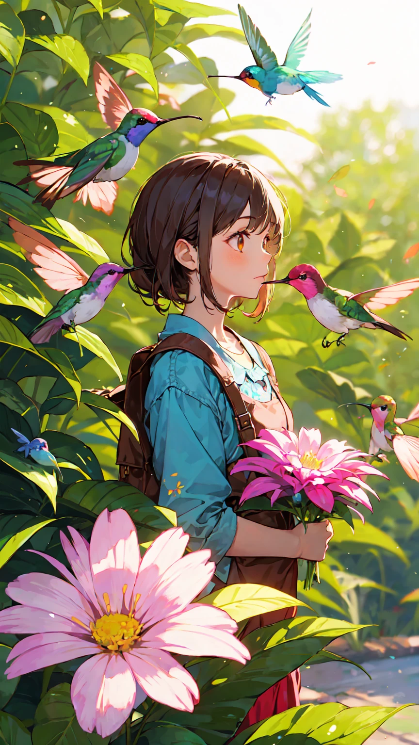 Hummingbirds were gathering around the flower the girl was holding.