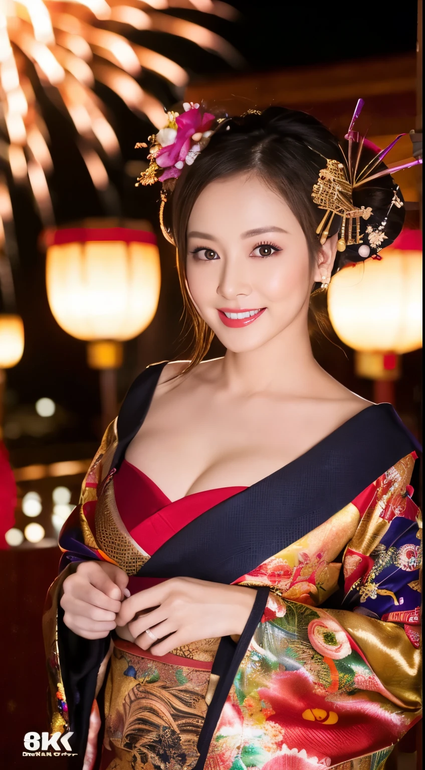 ((masterpiece(:1.4)，Highest quality，Ultra-high resolution，Highest quality，8k，Extremely detailed，In detail))。whole body，night，Fireworks display，Japanese，A beautiful woman，Big Breasts，Oiran，Oiranメイク，Long-sleeved kimono，Hair tying，hairpin，hair ornaments，geta，Emphasize the chest，Shoulder，Gorgeous and luxurious，(Fireworks displayのnightに河川敷で花火を背景にしたスナップ写真)，