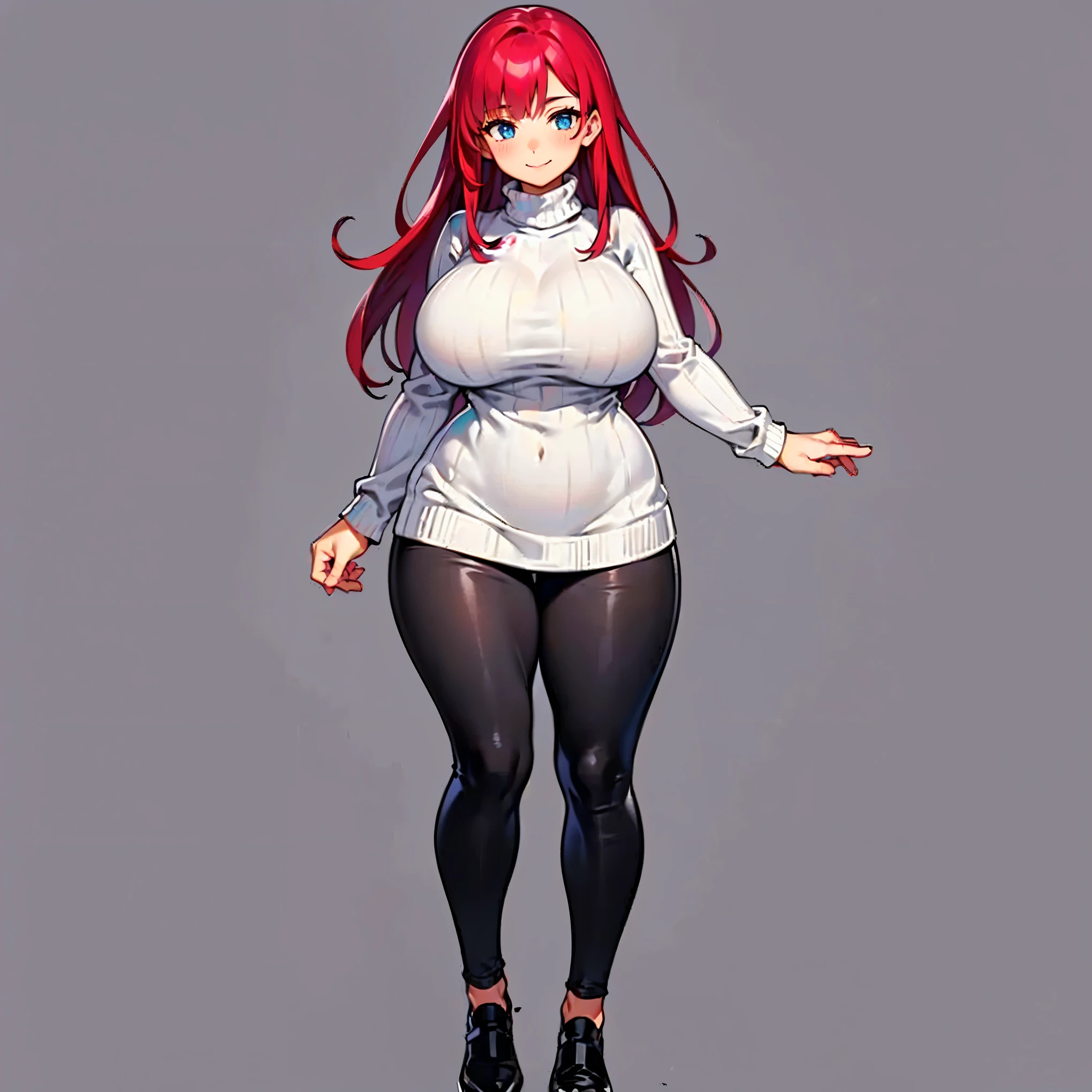 1woman, long red hair, blue eyes, big breasts, wide hips, thick thighs, white ribbed turtleneck sweater, black pants, shoes, blush, warm smile, ((standing)), ((solo)), ((full body)), ((best quality)), ((masterpiece)), portrait, looking at the camera, from the front, simple background, ((detailed)), ((perfect anatomy)), ((detailed art)), ((high definition)), ((4k)), ((high resolution))