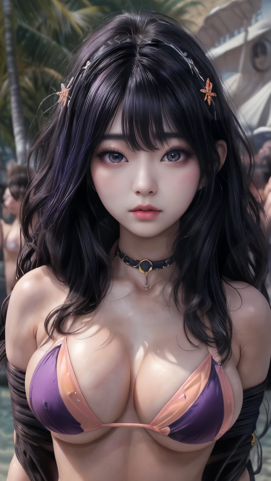 (8ก, Highest quality: 1.3), Very detailed, Complete solution, (Realistic, Realistic photo: 1.37), Portraiture, High resolution RAW color photograph, Professionally arrested, High resolution and beautiful, High resolution, 8ก Image Wallpaper, Amazing details, Large file size, Very detailed美しい女の子, (Ideal body proportions:1.8), Very detailed faceexpressive lips, (Super beautiful big eyes with fine definition:1.5), The skin texture is fine., All features are shown in detail., The outline of the fingers was beautifully drawn.., The nose is precisely shaped., expressive lips, Perfect Anatomy, (Detailed Beach,crowd, background, background is not blurred:1.6),One Story, 20th generation, pretty girl, Realistic、(Front view:1.4),(Face Focus:1.3),Perfect breasts,Round Breasts,(Big Breasts:1.5),(View your viewers:1.5), Perfect Ass, Cute Face, Sexy Face, Sexy Body,( Very lean body:1.6),Sexy pose, blush, Glamorous Body, Young people, Extra curly hair, Long, curly purple hair, Very big hair, Extra curly hair, Hair loss, hair accessory, Earrings, meanwhile, necklace, bracelet, stockings, (Sculpture Pose:1.5), (Ultra detailed bondage:1.4),Browsing Caution, (Open your mouth:1.3),(Loose fitting bikini:1.5),