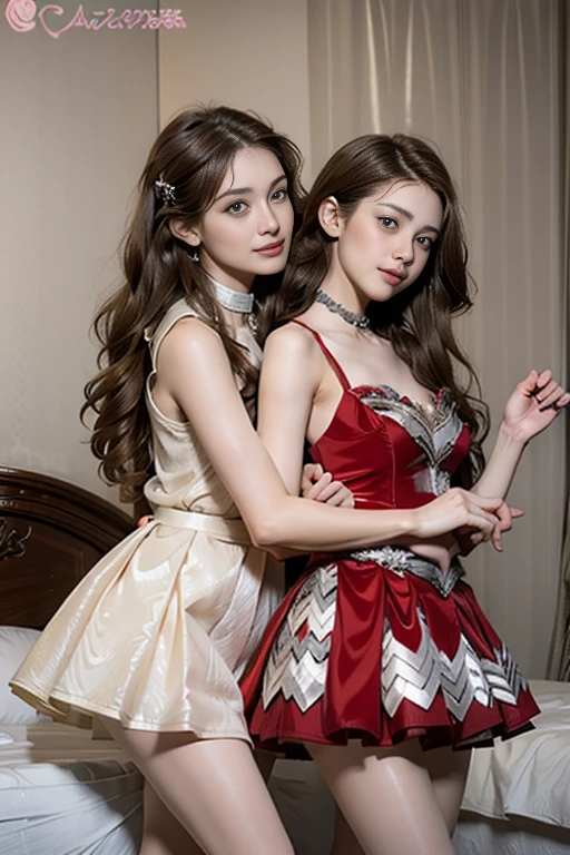 two 18 year old tween girls trying on cute clothes, two close friends, colored hair, collar, skinny body, detailed pupils, beautiful face, perfect faces like young asian models, tattoo, touching each other, back straps, innocent expression, enticing, full body showing legs, garter with stockings, good lighting, high heels, cute glasses, kawai cosplay girls, strapped colored dresses with cutouts slits, bright playful, thin model, cute young teen girls1girl, long hair, bright hair color, seductive eyes, mysterious expression, mature appearance, charming dress, flowing dress, elegant jewelry, intricate decoration, magic symbols, glowing accessories, potions, scrolls, cute accents, bows, ribbons, flowers, and 1 boy kissing each other on bed 