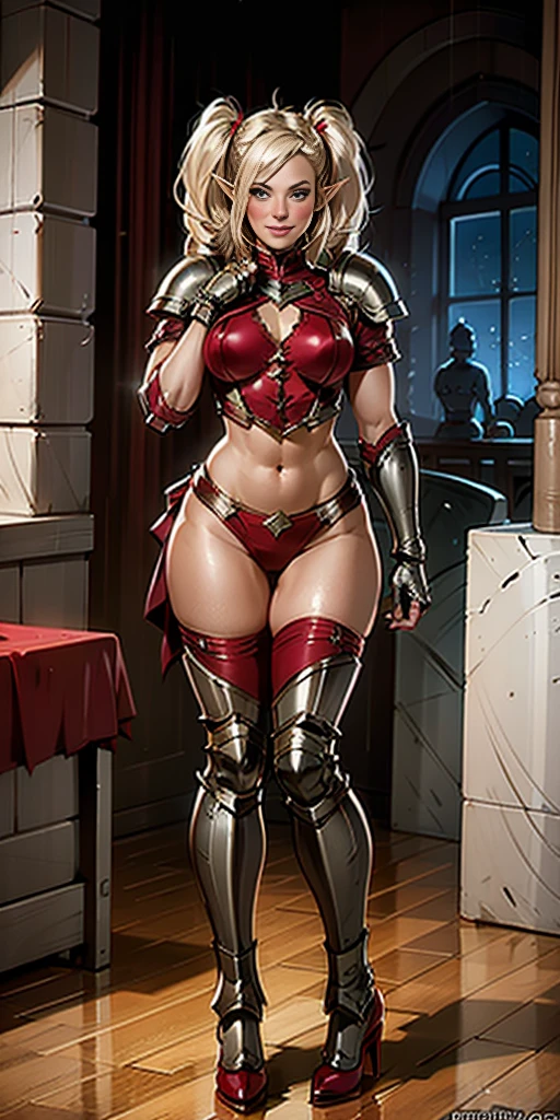 full body, RED breastplate, RED skin, looking at viewer, shiny armor, thigh highs, military boots ,shoulder armor, faulds, poleyn, gloves, gauntlets, Rerebrace armored boots, pauldrons (masterpiece, best quality, ultra-detailed, best shadow) yordle (1girl)( RED skin:1.2) pointy ears muscular lean platinum blonde long twin-tails hairstyle at the office lustful smirking smile face red blushed, blush, strong abs, female body builder, tiara, twin drills hair