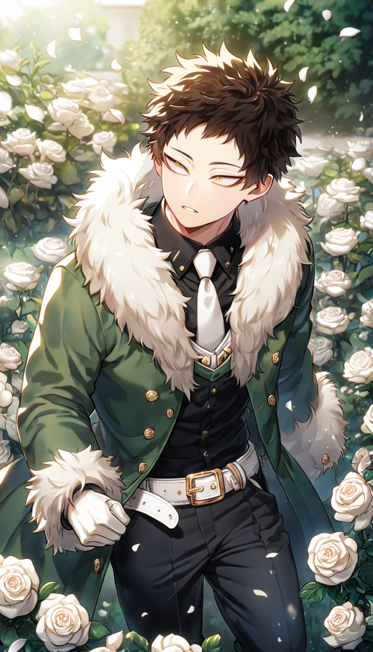 Ultra detailed, Highres, absurdres, HDR, master piece, best quality, Overhaul, dark brown hair, short hair, short bangs, long eyelashes, expressive golden eyes, green coat with a fur collar, black shirt, white necktie, Boku No Hero Academia, sexy man, white petals, white roses, garden, handsome, sensual, white belt, black pants, white gloves,