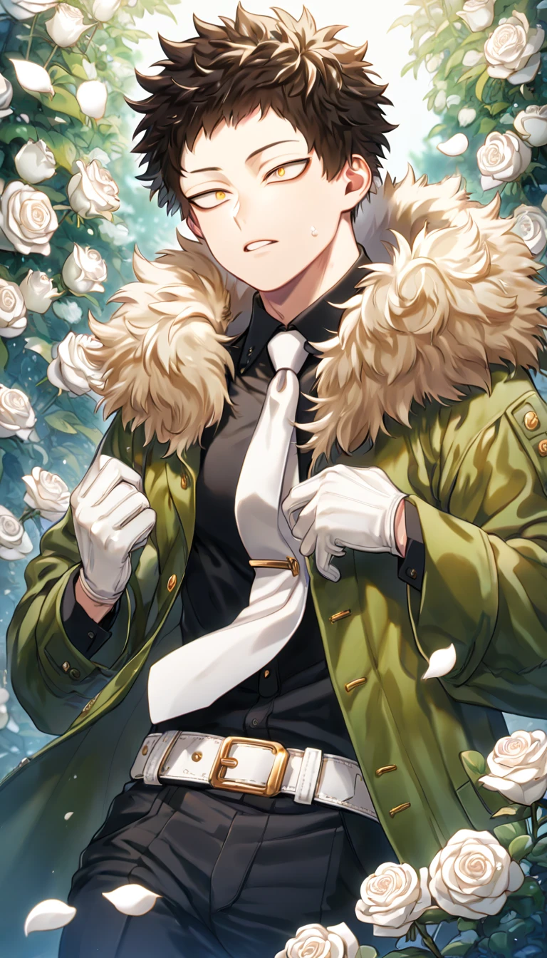 Ultra detailed, Highres, absurdres, HDR, master piece, best quality, Overhaul, dark brown hair, short hair, short bangs, long eyelashes, expressive golden eyes, green coat with a fur collar, black shirt, white necktie, Boku No Hero Academia, sexy man, white petals, white roses, garden, handsome, sensual, white belt, black pants, white gloves,