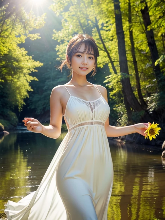 (masterpiece, best quality), outstanding details, ultra-high resolution, 
anatomically correct, wide shot, atmospheric perspective,

A beautiful woman walking along a stream in the forest, A lovely Japanese woman, 30 years old, 

cowboy shot,  (holding a sunflower, reaching out), 

(chubby), 

Happy smile, Mouth slightly open, looking at viewer,

round face, tareme, Downturned Eyes, pupils sparkling, small cute nose, thin lips, thin eyebrows, 

brown hair, low ponytail, short hair, swept bangs,

(wearing A white elegant slip dress made of a transparent smooth material), 

(background: Serene riverside with blossoming wildflowers at the forest)
depth of field, backlighting, morning sunlight, cinematic lighting, Reflected light from below, reflection light, dreamy atmosphere,  animated expression, 