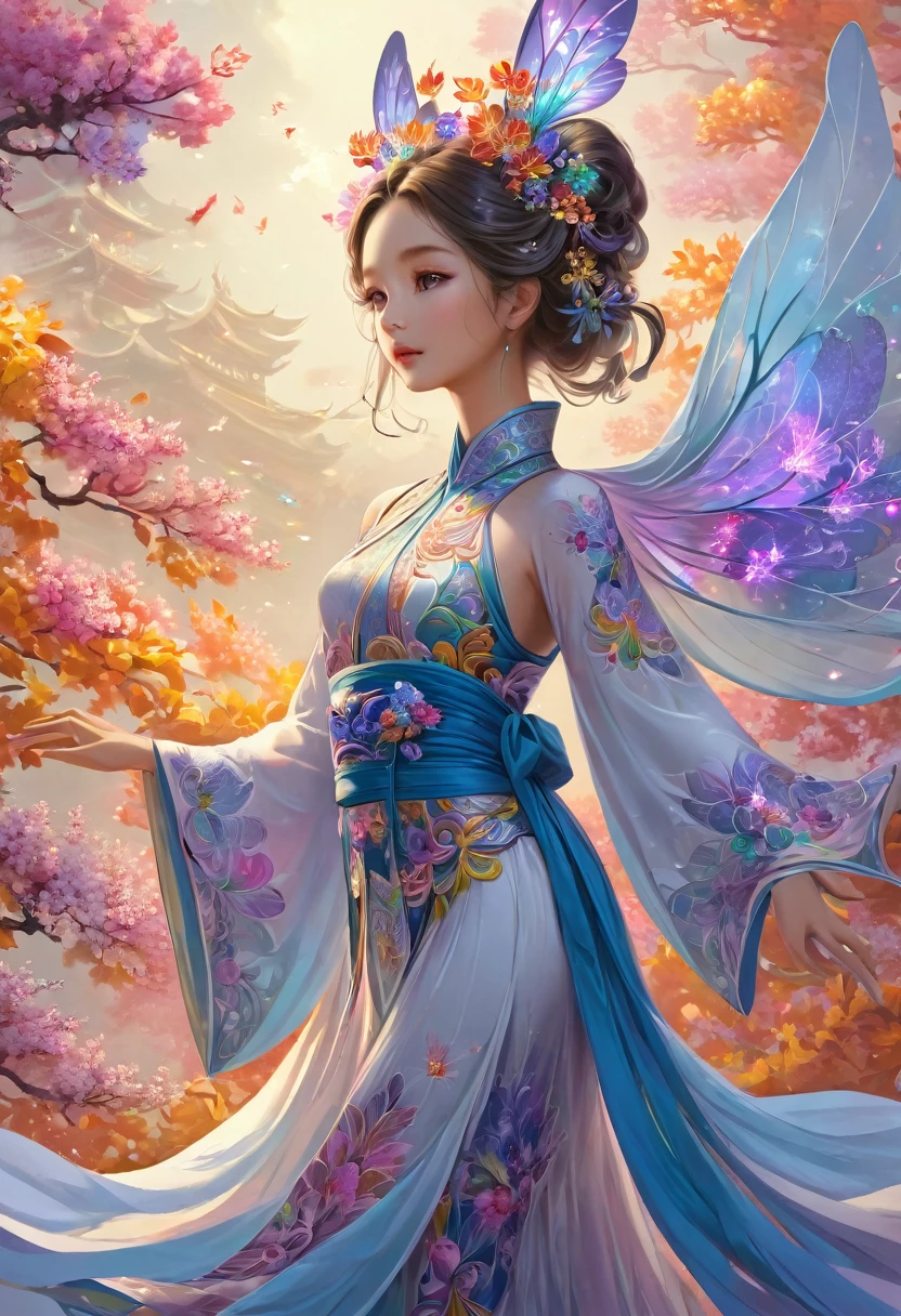 A masterpiece, high resolution, fractal art, Chinese costume, colorful flowers, one beautiful girl, very delicate and detailed art, fluttering costume like a heavenly maiden
