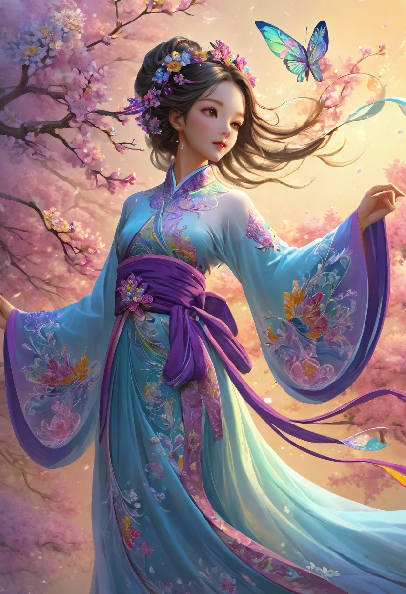 A masterpiece, high resolution, fractal art, Chinese costume, colorful flowers, one beautiful girl, very delicate and detailed art, fluttering costume like a heavenly maiden