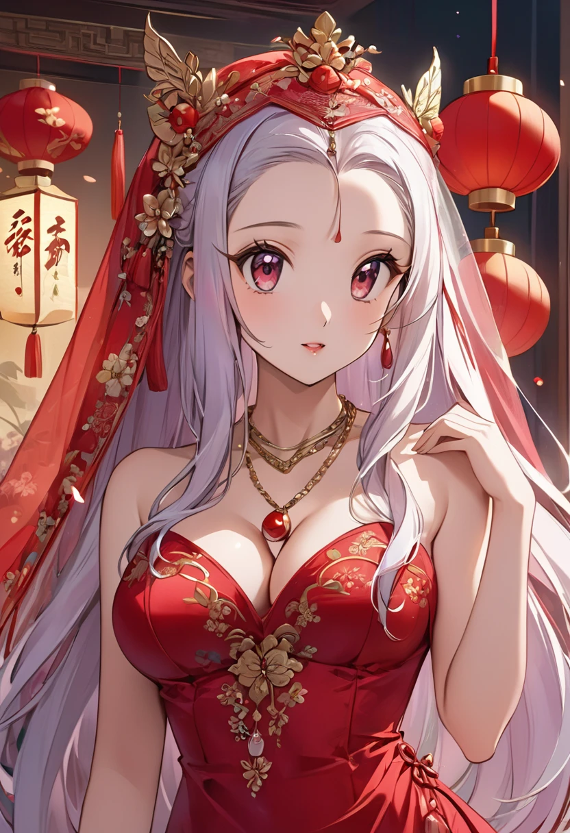 Very long hair,(((Eyes are very delicate)))(((hair accessory)))(((Veil))),necklace,Misako is wearing a sexy, sheer red silk dress., ((Skin glows))The room is filled with Chinese New Year decorations(((masterpiece))), ((Highest quality)), ((Intricate details)), ((Surreal))(8k),