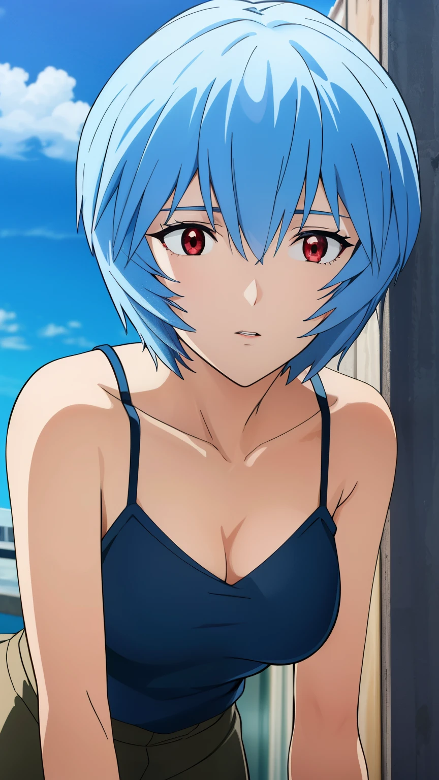 reiayanami, rei ayanami, (ayanami rei:1.2), blue hair, short hair, (red eyes:1.3), Medium breast,
BREAK (Camisole, mini skirt, blue sky, breeze, earrings),
BREAK (masterpiece:1.2), best quality, high resolution, unity 8k wallpaper, (illustration:0.8), (beautiful detailed eyes:1.6), extremely detailed face, perfect lighting, extremely detailed CG, (perfect hands, perfect anatomy),cowboy Shot,