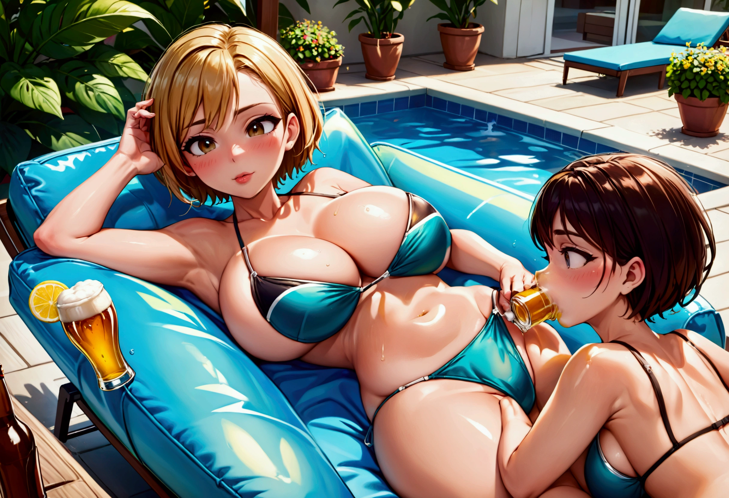 A milf (large breasts, large butt, toned midriff, cute face, short hair, scandalously small swimsuit) Is passed out on a lounge chair drinking a beer while her daughter has a pool party with friends