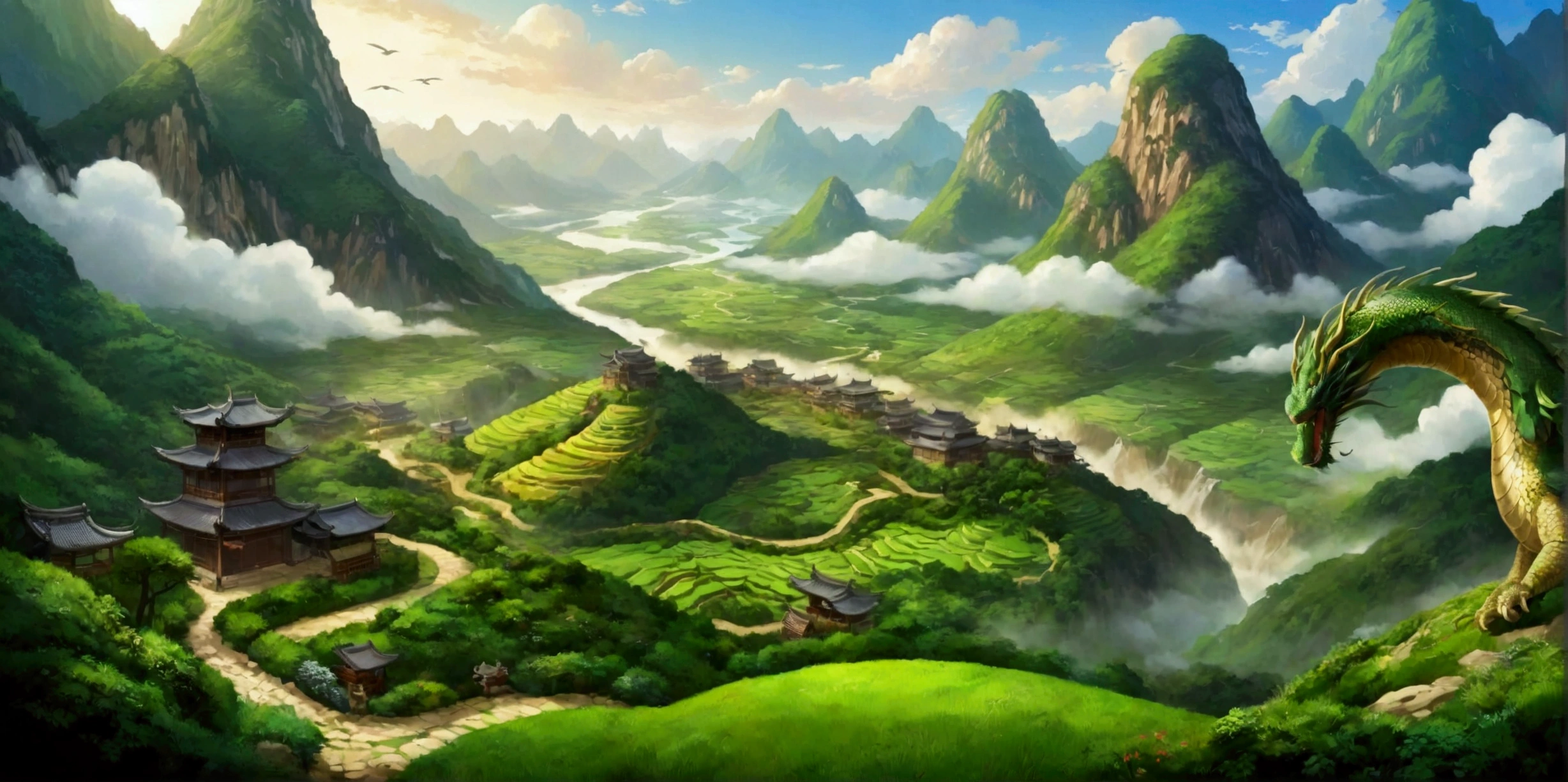 valley,There are endless mountains of various shapes and sizes.,Very spectacular,valley中还有瀑布和树林,There are birds in the sky,Dragons entrench themselves on top of the mountain。Bird's eye view composition,Panorama pictures,Scene screen,Game concept art style,Anime illustration style,HD,4K。