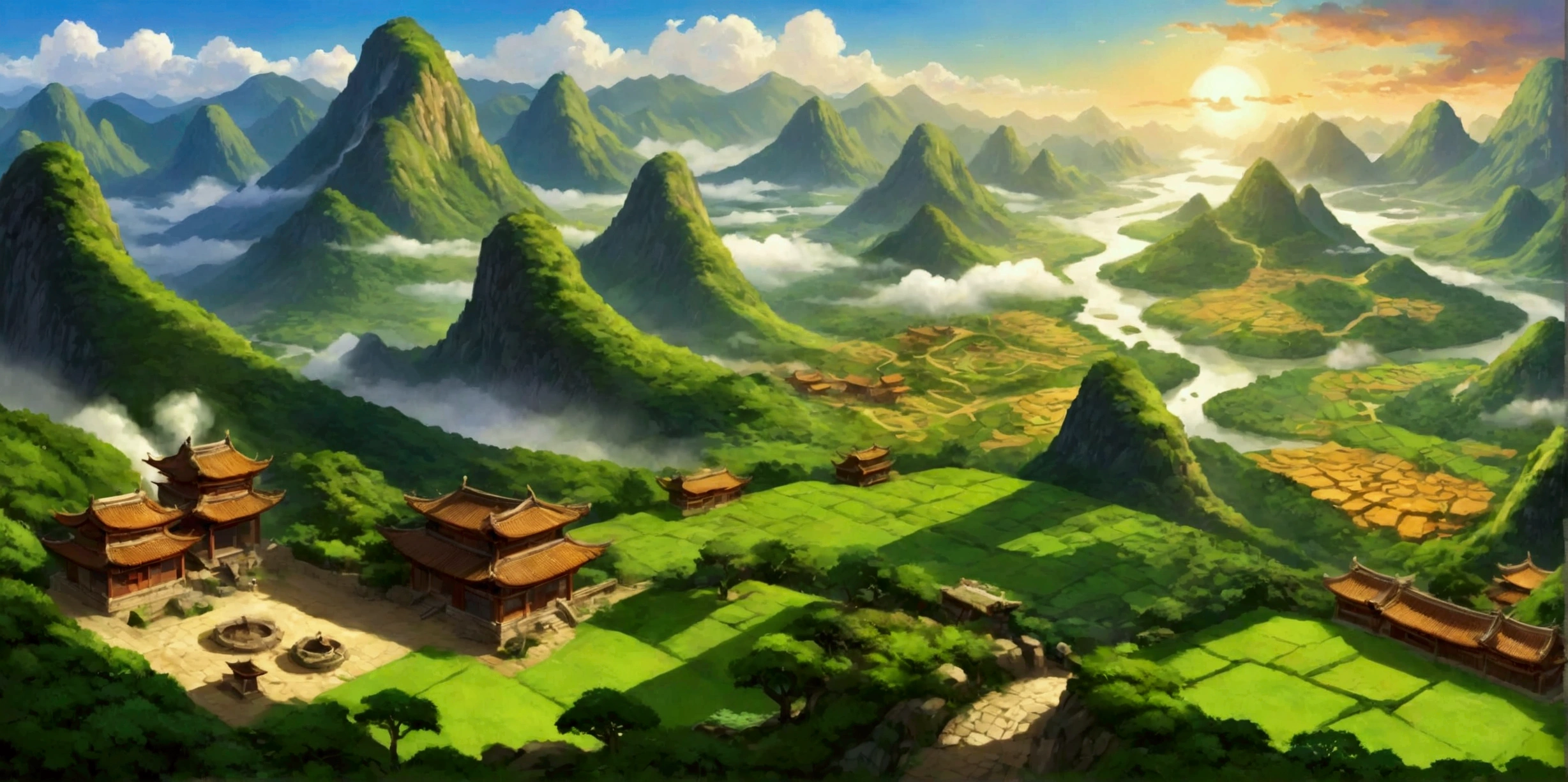 valley，There are endless mountains of various shapes and sizes.，Very spectacular，valley中还有瀑布和树林，There are birds in the sky，Dragons entrench themselves on top of the mountain。Bird's eye view composition，Panorama pictures，Scene screen，Game concept art style，Anime illustration style，HD，4K。