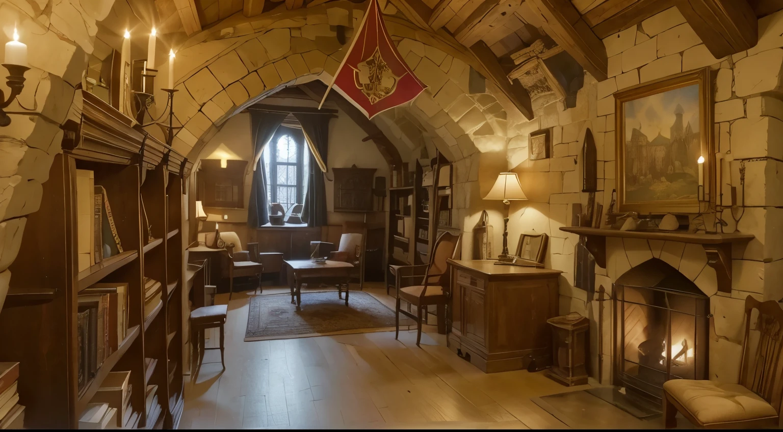 a pretty medieval catle room full of medieval castle objects, a heraldic fireplace, medieval book shelf, medieval chairs, a window in winter, fantasy castle, high resolution, a cup of tea, a medieval side cavalier, heraldic flags standart, a frame of cavaliers in wall, Medieval Knight Plate Armor holding a sword, a cup of the on chair
