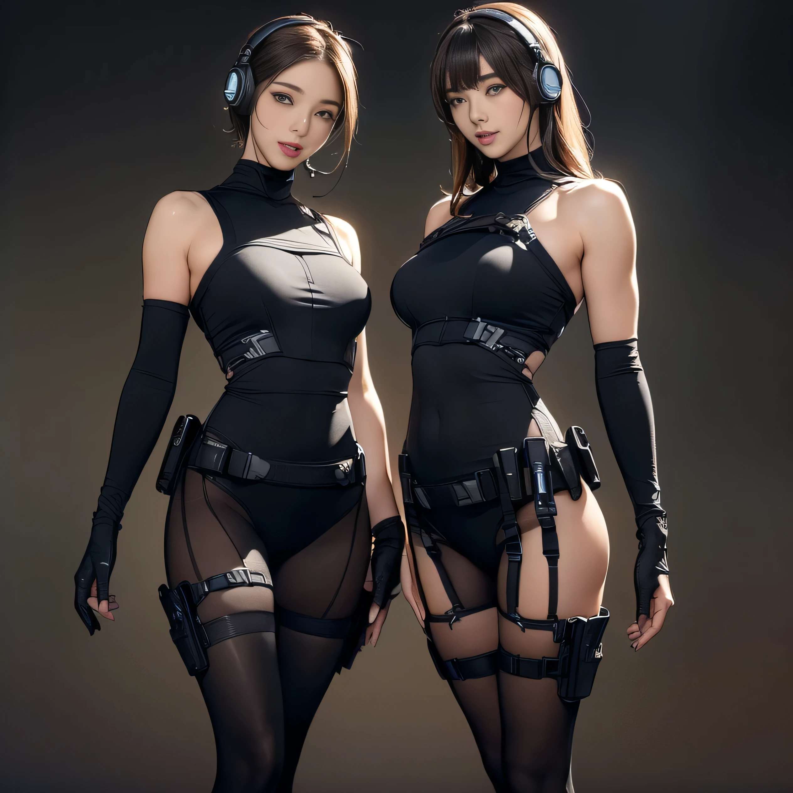 (Two Women),(((Women standing side by side:1.5))),((Black tactical tights:1.5)),((Black headphones:1.5)),((Black Tactical Holster:1.5)),(Black Gloves:1.5),((Wearing the same:1.5)),(Smile:1.5),(beautiful eyes:1.3),(Very detailedな顔:1.5),((Very detailed drawing of a female hand:1.5)),((muscular:1.5)),(Sexy appearance:1.5),((Thick thighs:1.5)),(Beautiful Body:1.5),((Very sensual:1.5)),(Background is the city:1.5),(((Blurred Background:1.5))),(Written border depth:1.5),rest(((masterpiece:1.5),(best quality:1.5),(Very detailed:1.5),(high resolution:1.5),(Practical:1.5),(Practical:1.5),(Delicate depiction),(Carefully drawn))),8k,wallpaper