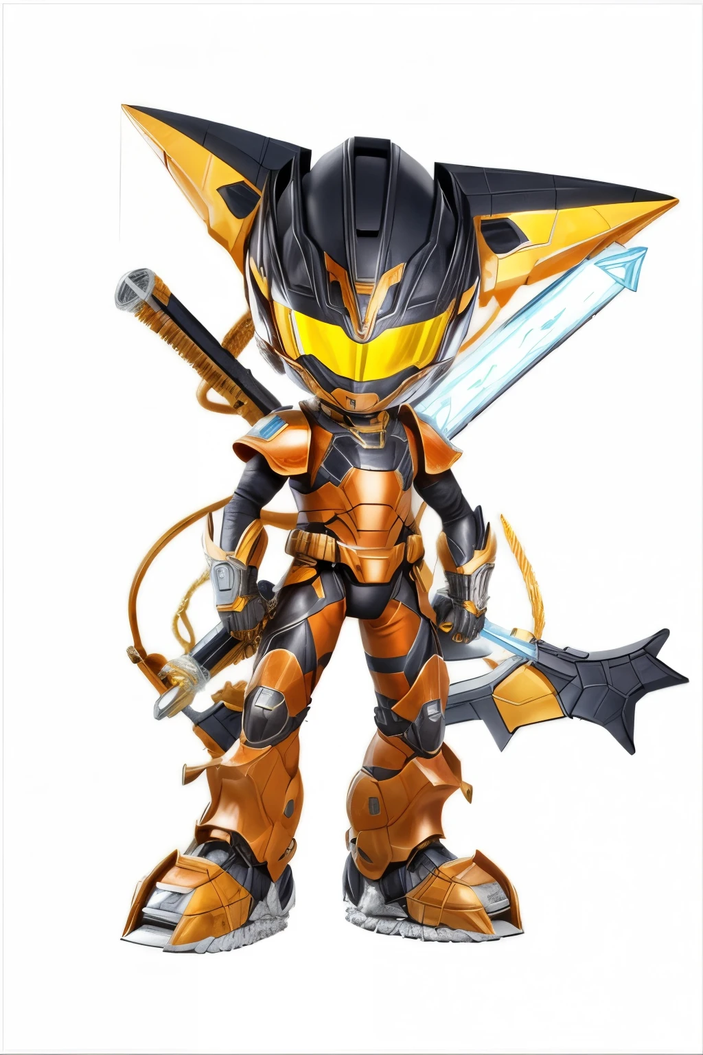 megzeromyth2023,1boy, short brown hair, yellow armor, orange energy sword, 8k, uhd, best quality, masterpiece, intricate,4k,8HD,dino armor,power ranger style,young boy,no helmet,not helmet