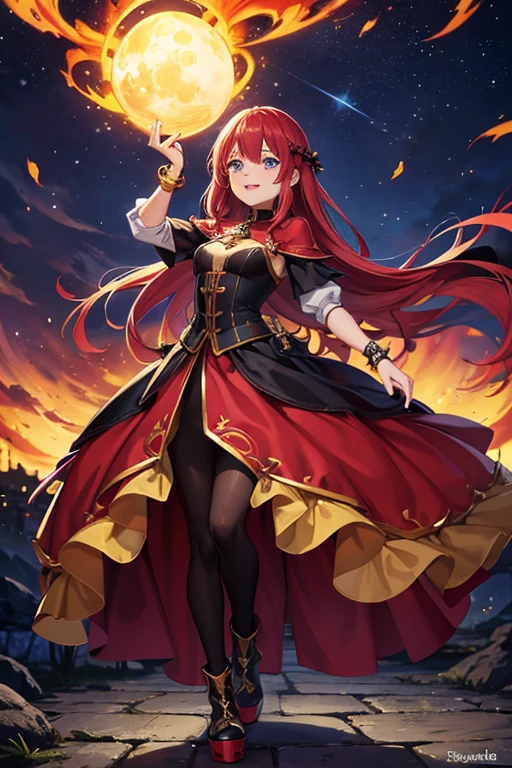 Anime Art、Full body portrait、Fantasy World Fire Wizard、In town、A woman around 160cm tall, around 27 years old, wearing a crimson gothic dress, walking surrounded by flames.、Black tights、Red hair medium、Wicked Smile、Creepy Smile、unpleasant laughter、Laughing with mouth open、Fished out eyes、Eyes wide open、Small eyes、Blue Eyes、Platform boots、Gold Bracelet