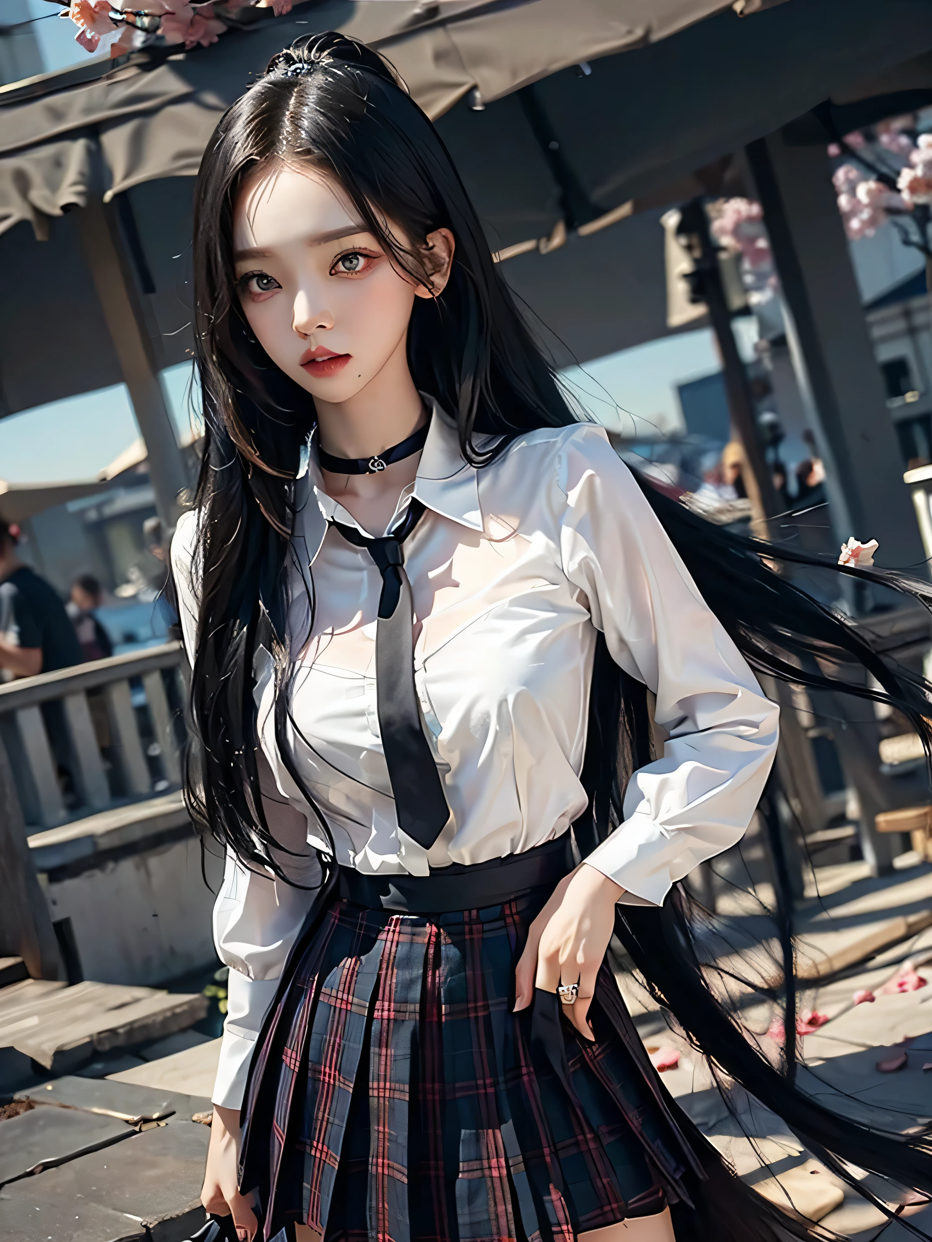 masterpiece, best quality, whole body, 1 woman, forehead, black choker, black necktie, black hair, blue skirt, blush, bracelet, chest, choker, clothes approximately waist, clavicle, collared shirt, cowboy shot, dress shirt, ear piercing, eyebrows visible through hair, gradient hair, 이를 드러내고 laugh, fix, bijouterie, Kogal, long hair, looking at viewer, loose necktie, necktie, piercing, plaid, plaid skirt, pleated skirt, red eyes, ring, , shirt, skirt, laugh, alone, white shirt, distance, sky, Cherry Blossom, petal,illustration, (Magazines:1.3), (sheathe-style:1.3), fashionable, female, vibrant, outfit, posing, front, fancy, dynamic, background, coercion, confidence, expression, possession, name, accessories, majestic, coil, approximately, touch, scene, texts, sheathe, brave, attracting attention, title, Refined, font, catchy, headline, bigger, striking, modern, Trend, Concentrate upon, fashion,