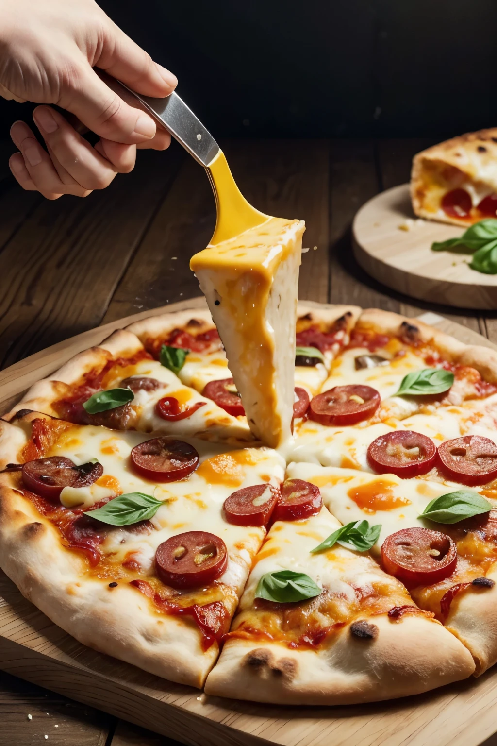 Create a 4 MP resolution image, of an appetizing slice of pizza being lifted by a spatula. The slice must be suspended in the air, showing cheese melting and stretching as it is lifted. Pizza topping should be rich and tasty, with fresh ingredients like pepperoni, Colorful bell peppers, toadstools, Olives and basil. The background must be blurred, highlighting the pizza slice and spatula as the main elements of the image. Make sure the lighting highlights the crunchy texture of the dough and the shine of the melted cheese, making pizza seem irresistible.