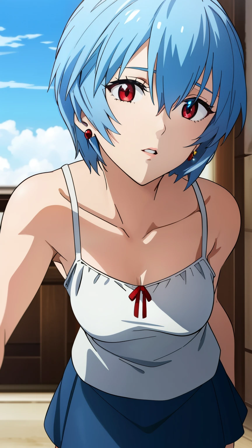 reiayanami, rei ayanami, (ayanami rei:1.2), blue hair, short hair, (red eyes:1.3), Medium breast,
BREAK (Camisole, mini skirt, blue sky, breeze, earrings),
BREAK (masterpiece:1.2), best quality, high resolution, unity 8k wallpaper, (illustration:0.8), (beautiful detailed eyes:1.6), extremely detailed face, perfect lighting, extremely detailed CG, (perfect hands, perfect anatomy),cowboy Shot,