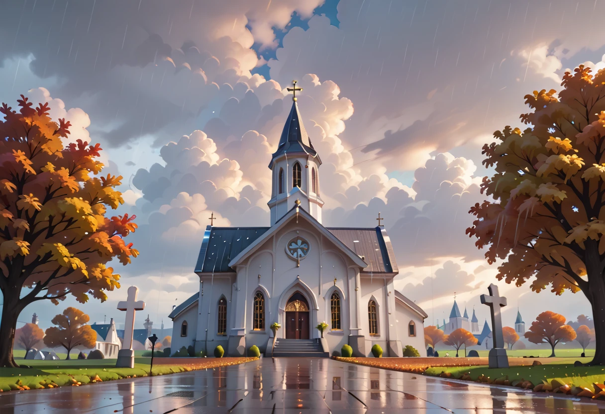 white church, prairie, autumn, cloudy, raining, rain, masterpiece quality, ultra HD, 4K, best quality