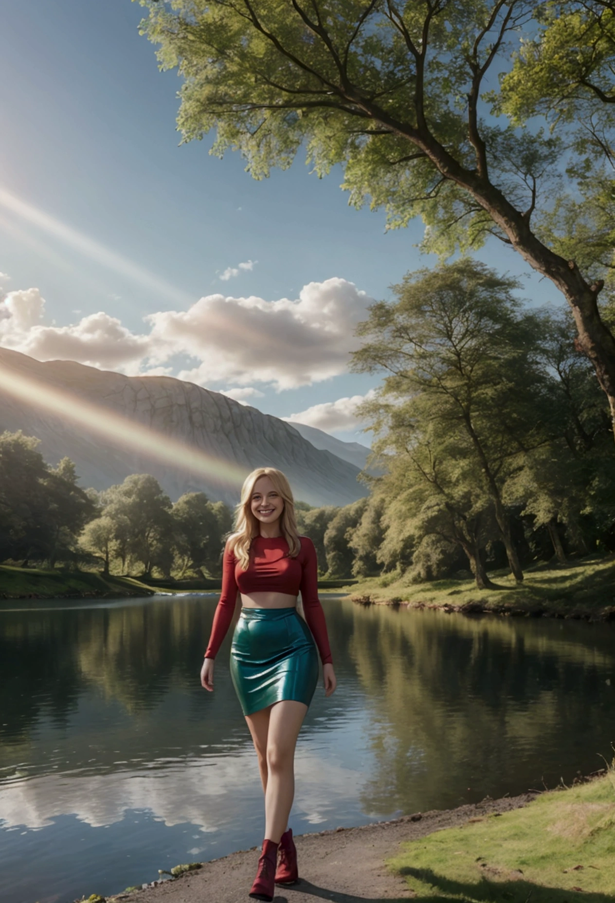 blonde woman smiling near a lake in ireland she is wearing a red top beautiful and walking, Surrealism, cinematic lighting, god rays, UHD, highres, best quality
