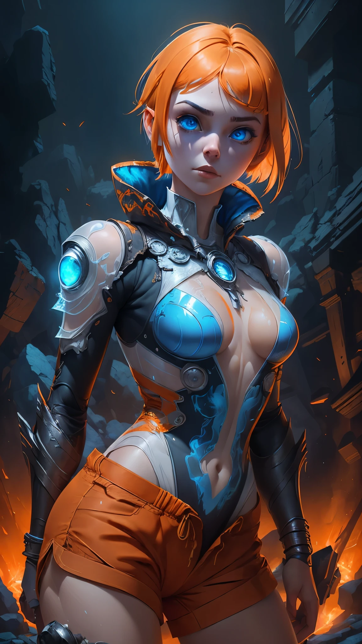 (The best quality,A high resolution,Ultra - detailed,actual),LEELOO with tattoos and orange shorts posing in front of a spaceship, (LEELOO outfit:1.4) , (LEELOO:V2.1) , madison beer as LEELOO, (Ilya Kuvshinov:1.4) . 4 k, cute cyborg girl,( alena aenami and android jones) , (BodySuit white transparent :1.4), alena aenami and artgerm, ultra realistic concept art, Amouranth, beautiful digital artwork,( orange shorts :1.4), epic fantasy art style hd, 4K fantasy art, epic fantasy digital art style, epic fantasy art style, Fantasy Woman, epic fantasy art portrait, Epic fantasy style, hyperrealistic fantasy art, hd fantasy art, epic fantasy character art, epic fantasy art, in style of dark fantasy art, epic fantasy digital art, ,(Ruined dungeon ruins background:1.4 ), (detailed perfect anatomy :V2.1),( cinematic lighting :1.4),( face detailed :1.4),( cowboy pose :1.4), (detailed blue beautiful eyes :1.4),( background tokyo destroy :1.4) 
