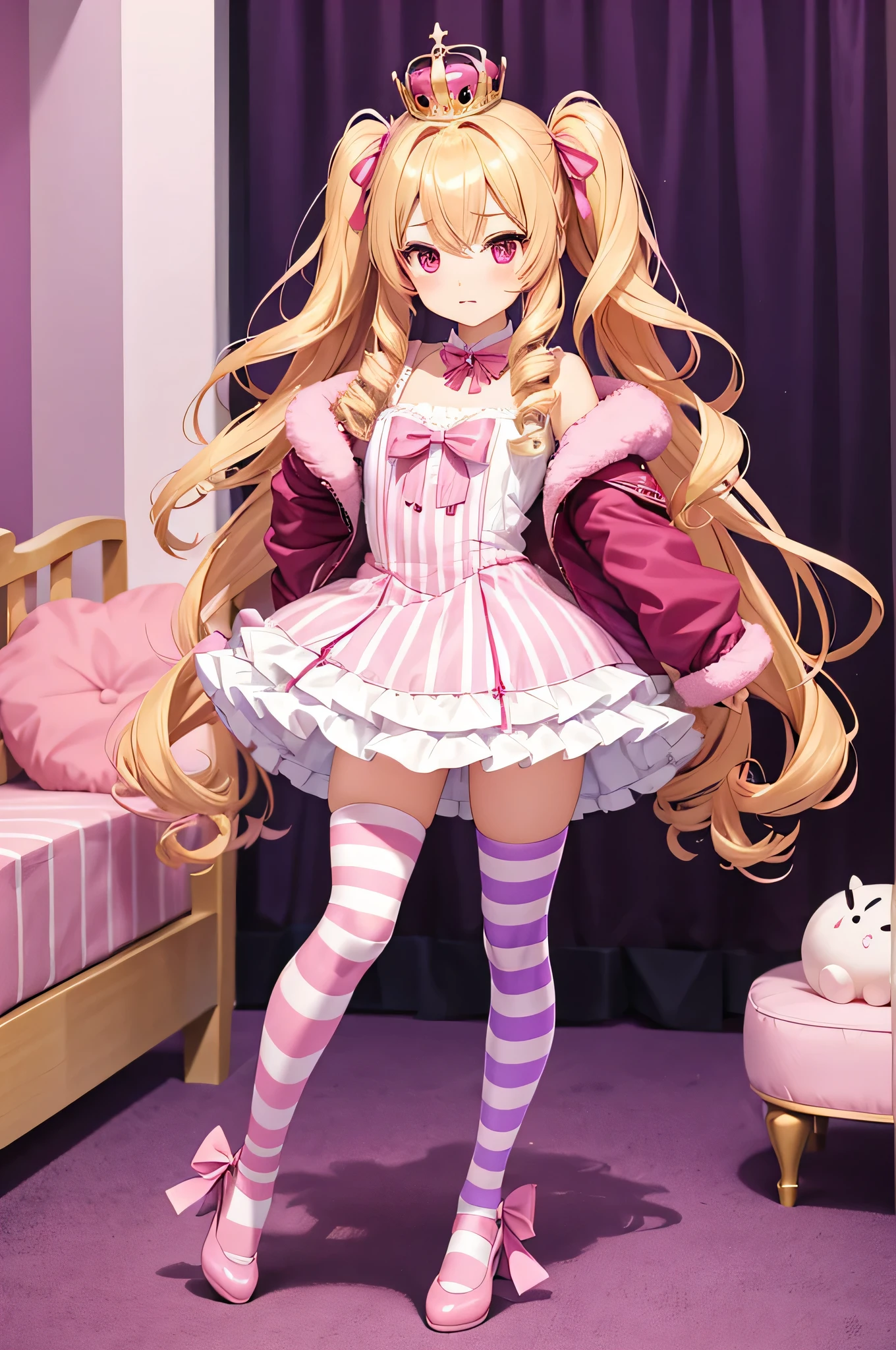 Idol-like animated character
Red eyes, slightly drooping eyes, cute expression, shy
High quality
Dark red,Fur bolero,Jacket
Fluffy fur bolero
Enji-colored dress skirt
Voluminous blonde hair twin dr
Strong curly hair
Curly hair
Large pink ribbon in hair
Purple and pink striped stocking tights
Purple and pink horizontal striped stocking tights worn
One very small round crown hair ornament Blonde twin drills
In the room, chair
Pink and purple striped tights
Pink and purple striped tights/stockings Forehead bangs Big pink ribbon in dress skirt Focus on face Red eyes Full body shot Background in room No shadow, high quality Walking Full face
Big pink ribbon on dress skirt
Focus on face
Full face, high quality
Walking
Full Face