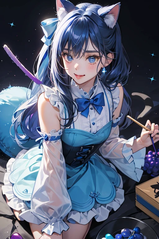 A shiny, light blue (darker blue in her toy form and Snackables) girl cat Num made from rock candy. She has basic eyes and sticks her tongue out of her slanted mouth. She wears a grape-colored ribbon on her two sticks. SPARKLE; GLITTER